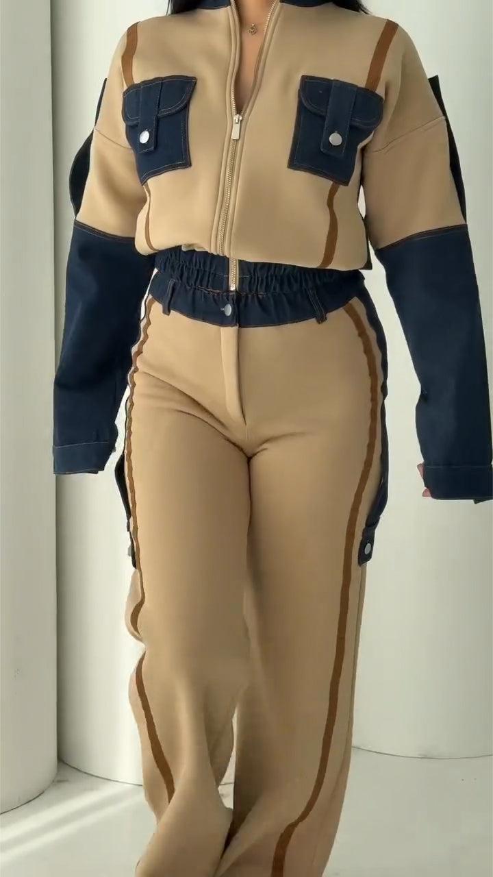 Ladies Stand Collar Contrasting Splicing Denim Jacket+ Pants Casual Set