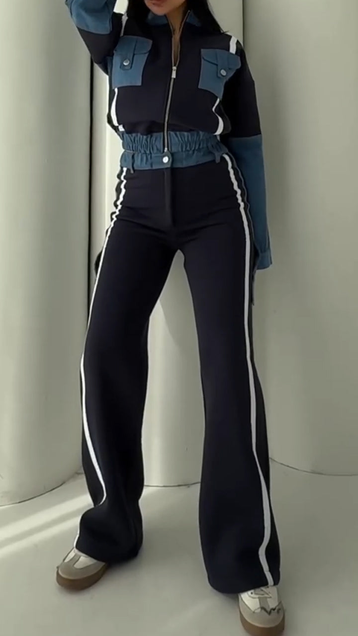 Ladies Stand Collar Contrasting Splicing Denim Jacket+ Pants Casual Set