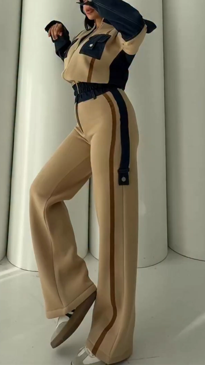 Ladies Stand Collar Contrasting Splicing Denim Jacket+ Pants Casual Set