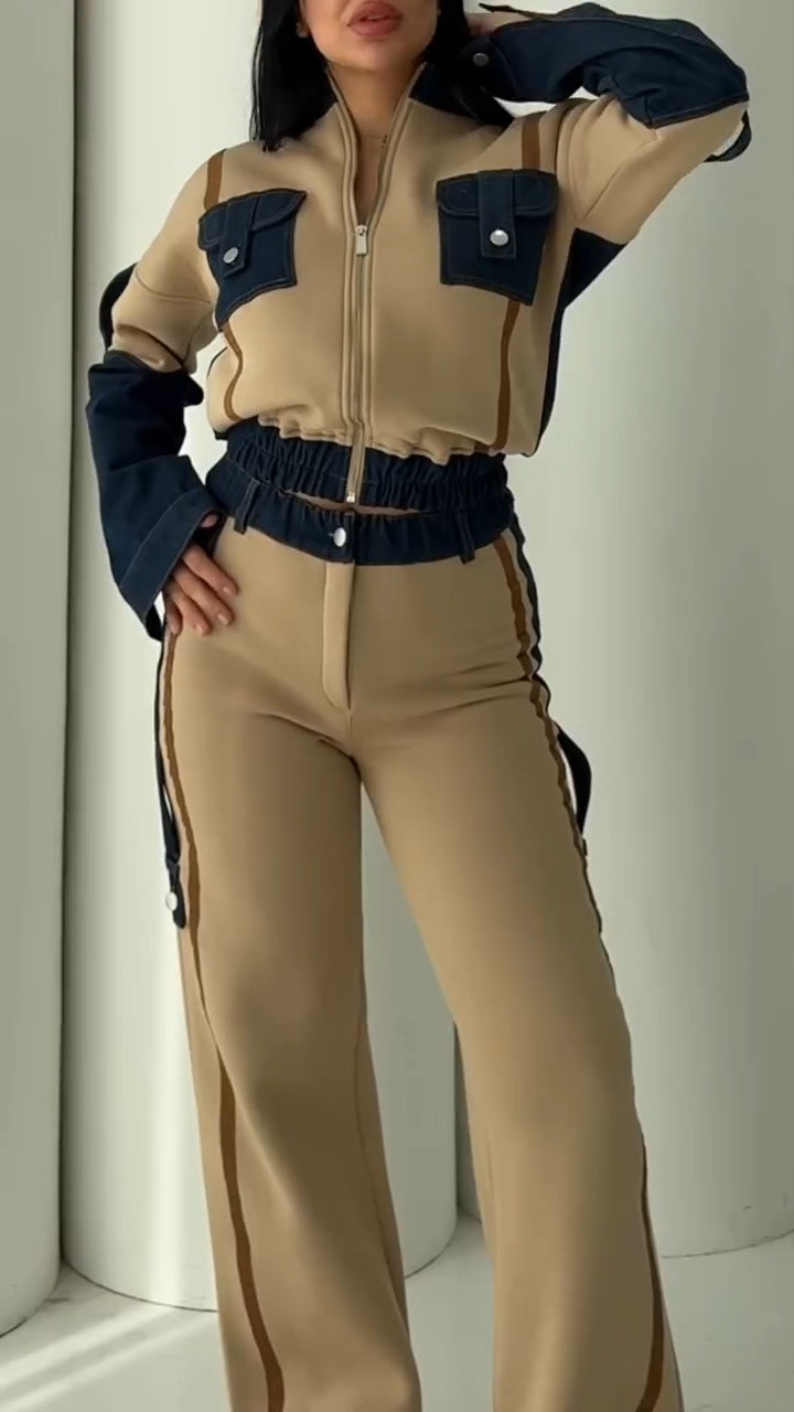 Ladies Stand Collar Contrasting Splicing Denim Jacket+ Pants Casual Set