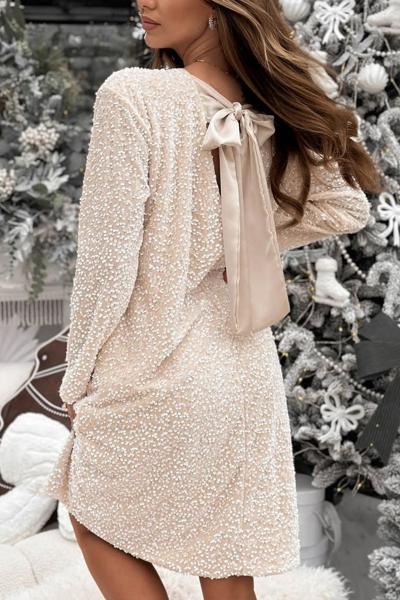 Ladies Round Neck Sequined Back Bow Tie with A Casual Christmas Atmosphere Dress