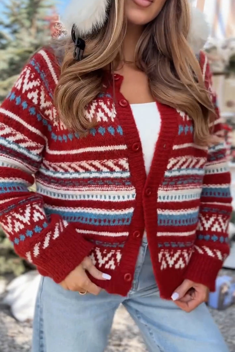 Ladies Knitted Printed Breasted Casual Cardigan