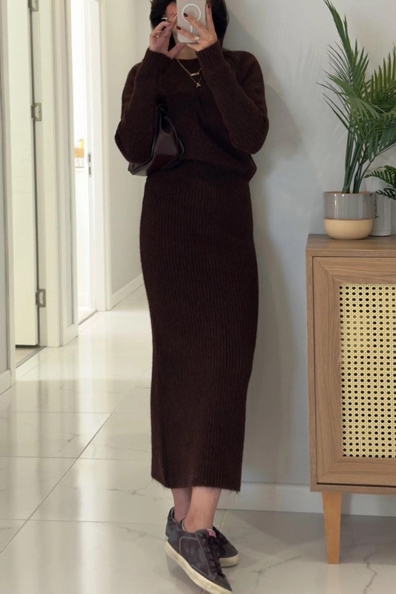 Women Round Neck Solid Color Casual Knitting Set