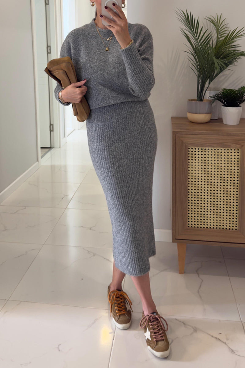 Women Round Neck Solid Color Casual Knitting Set