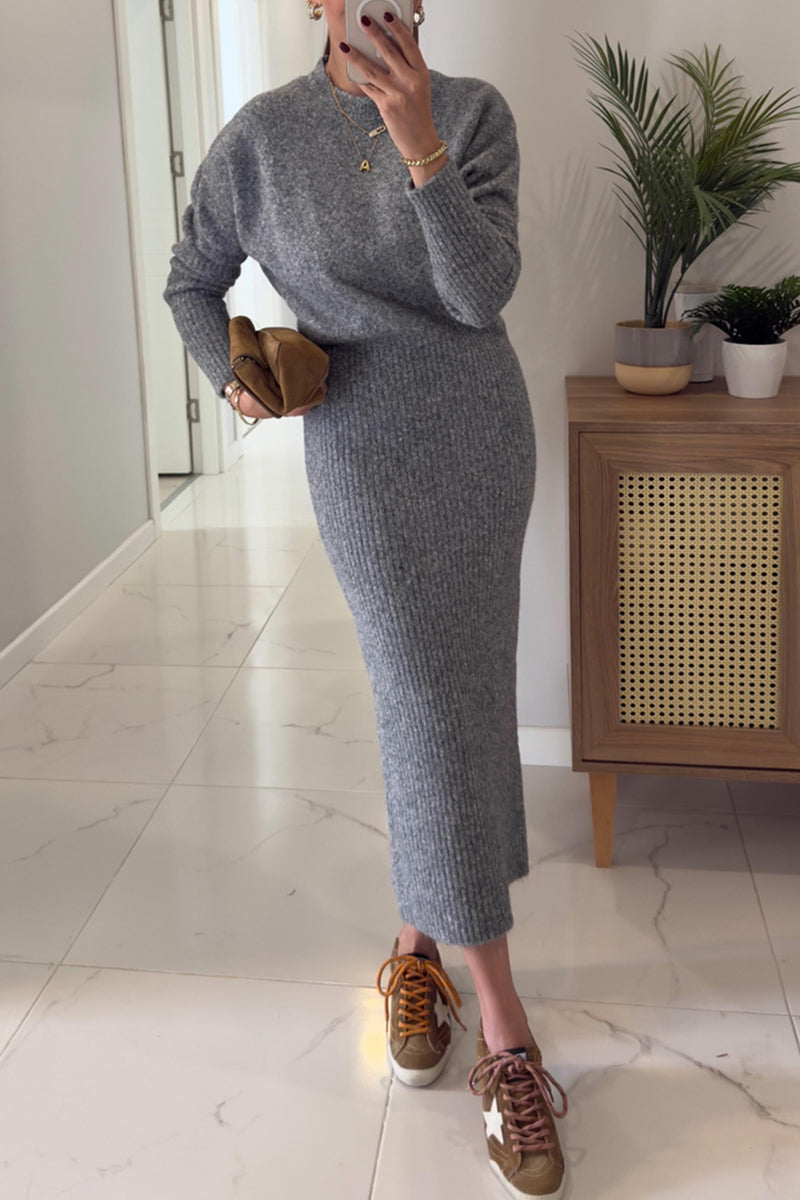 Women Round Neck Solid Color Casual Knitting Set