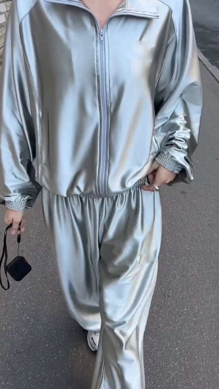 Ladies Collar Shiny Jacket+ Pants Casual Set