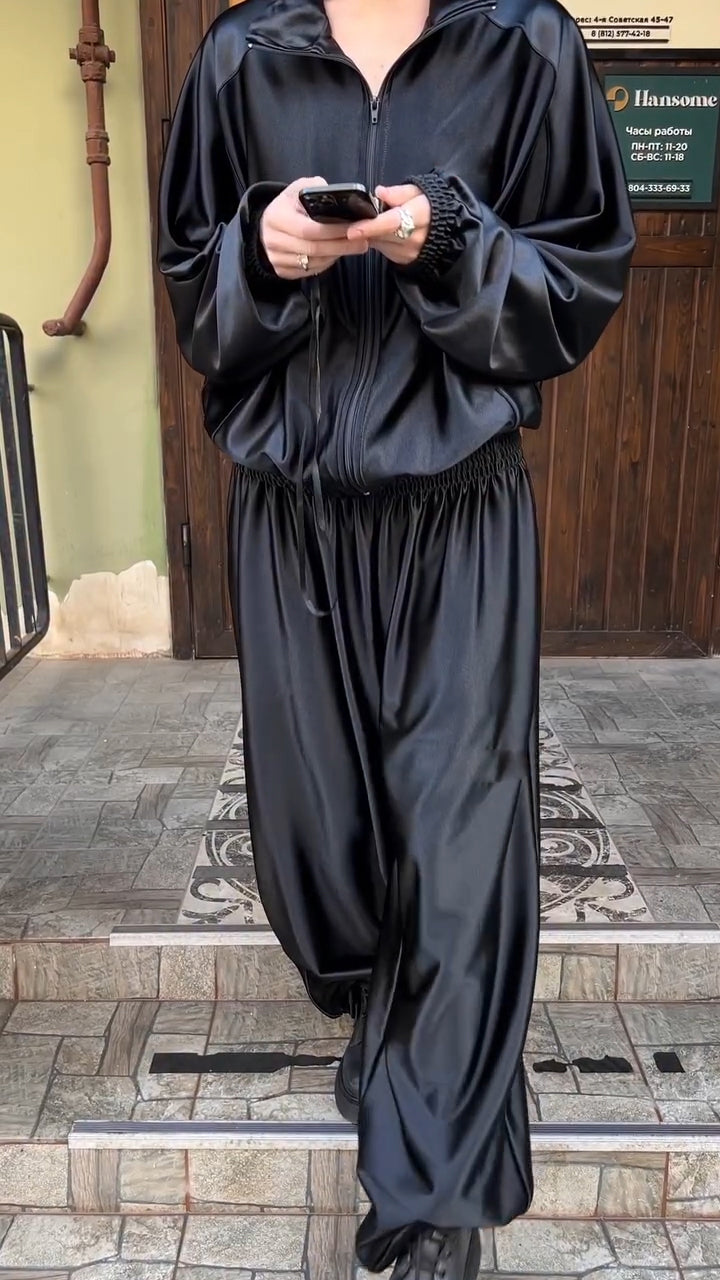 Ladies Collar Shiny Jacket+ Pants Casual Set