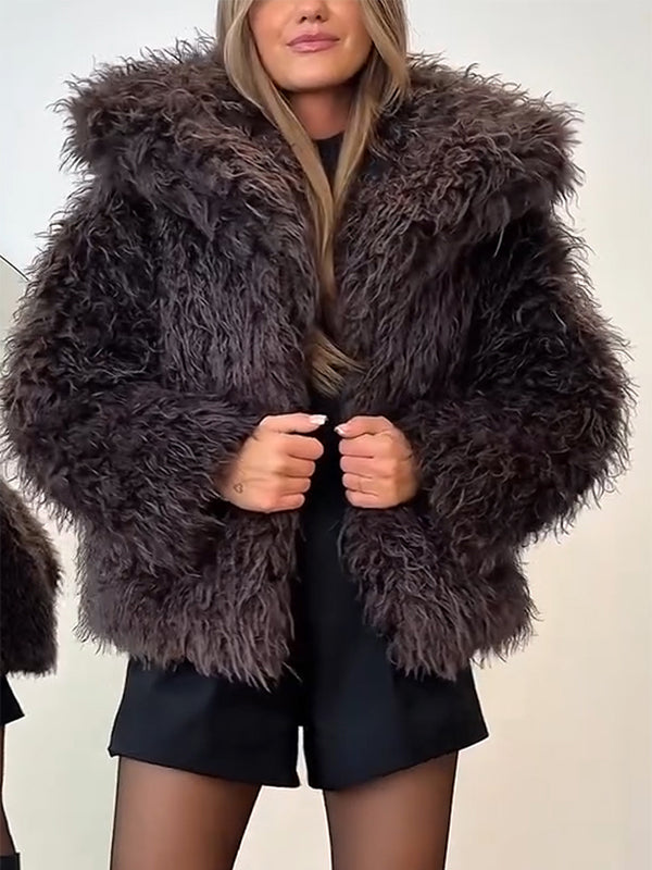 Women Lapel Fur Strip Casual Plush Coat