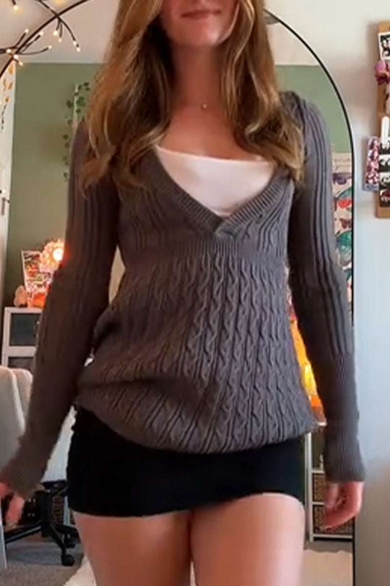 Women V-neck Cable Knit Casual Knit Top