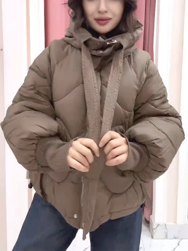 Women Hooded Breasted Drawstring Casual Cotton Jacket