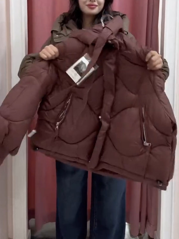 Women Hooded Breasted Drawstring Casual Cotton Jacket