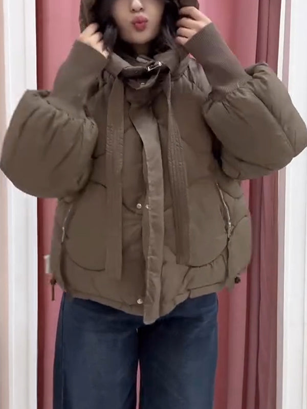 Women Hooded Breasted Drawstring Casual Cotton Jacket