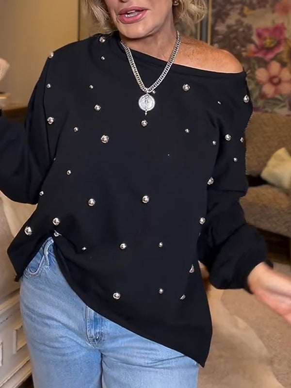 Women Round Neck Metal Rivet Decoration Casual Top