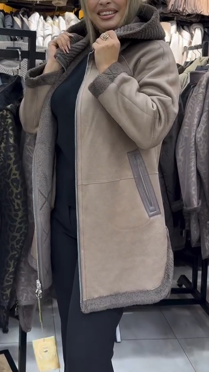 Women Hooded Patchwork Knitted Inner Plush Casual Coat