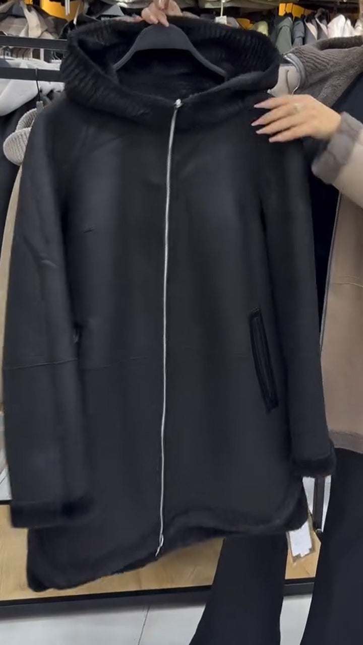 Women Hooded Patchwork Knitted Inner Plush Casual Coat