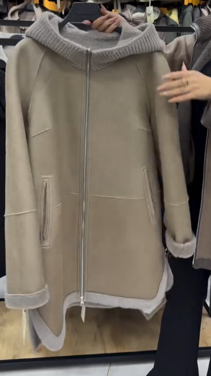 Women Hooded Patchwork Knitted Inner Plush Casual Coat