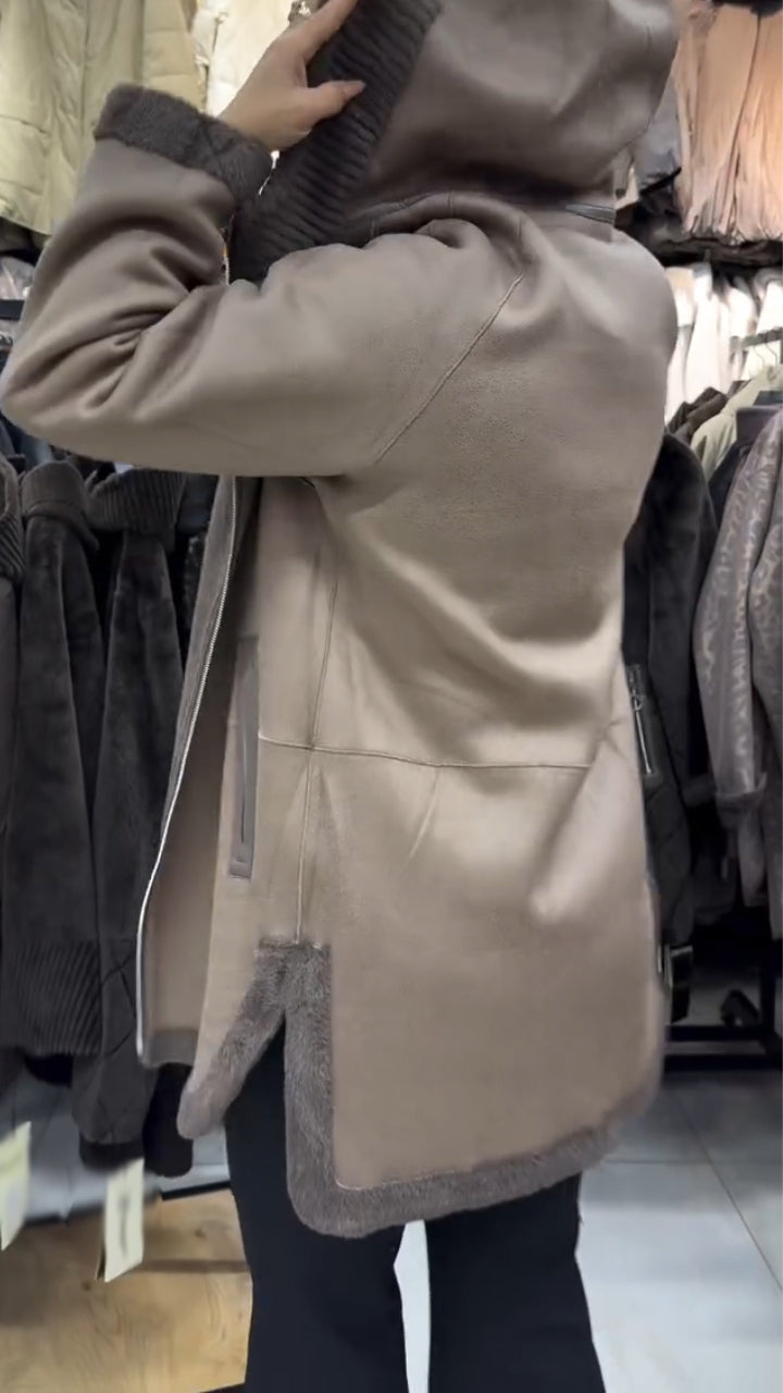 Women Hooded Patchwork Knitted Inner Plush Casual Coat