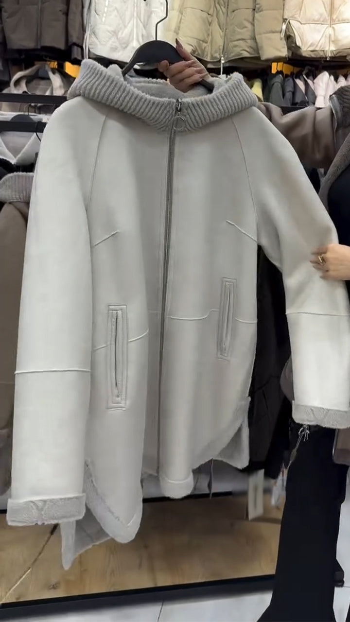 Women Hooded Patchwork Knitted Inner Plush Casual Coat