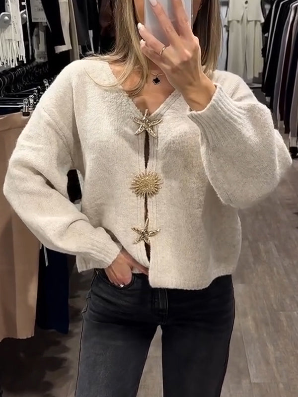 Women V-neck Starfish Metal Buckle Decoration Casual Knitted Cardigan