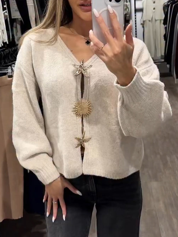 Women V-neck Starfish Metal Buckle Decoration Casual Knitted Cardigan