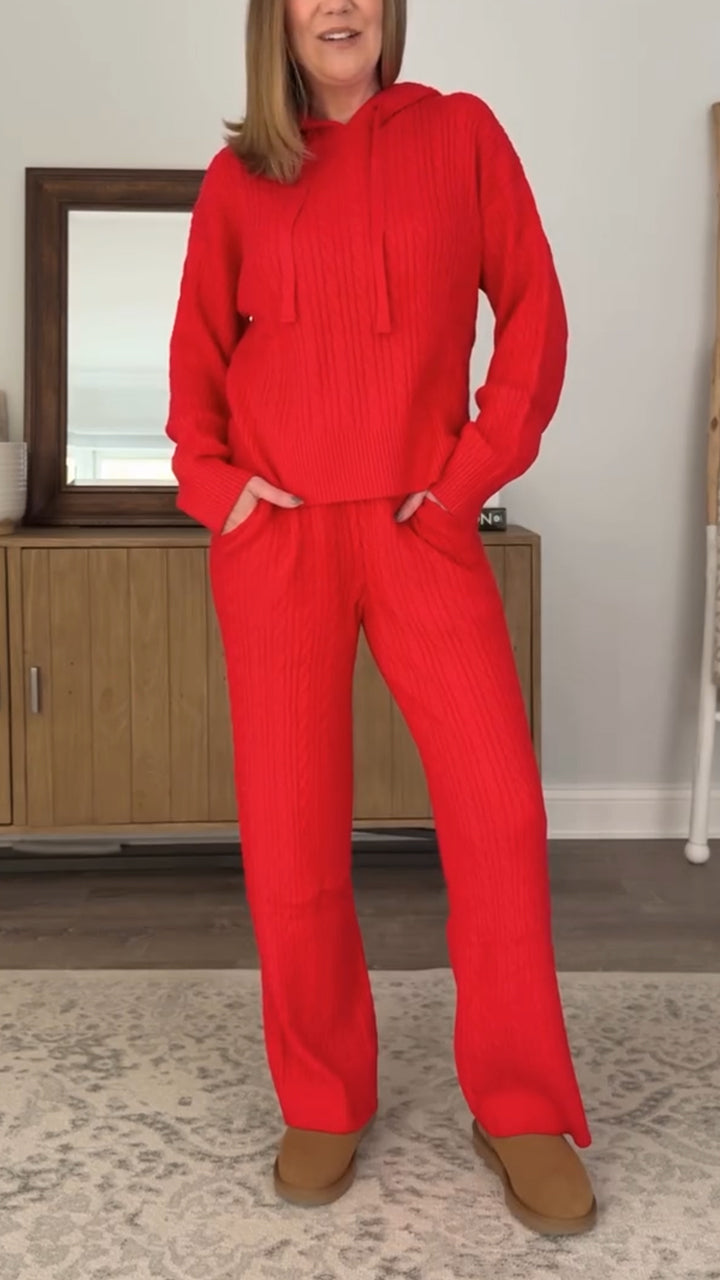 Women Round Neck Hooded Top+ Trousers Solid Casual Knitting Suit