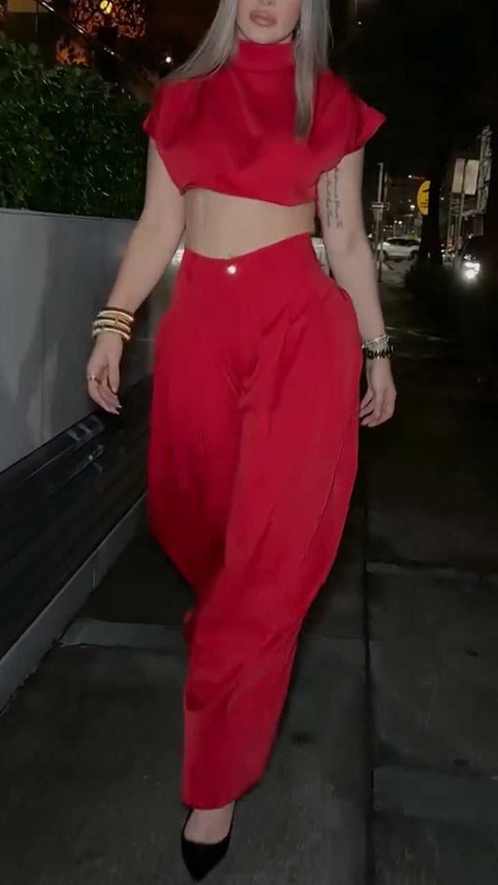 Women Stand Collar Top+ High Waisted Pants Temperament Casual Suit