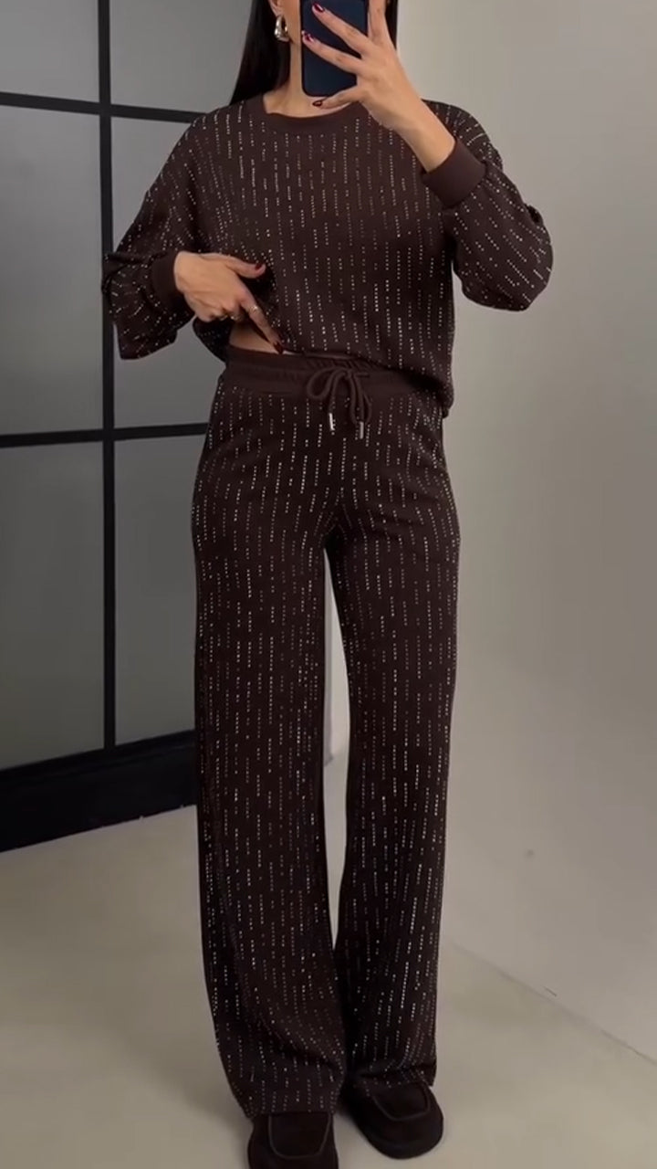 Women Round Neck Rhinestone Stamping Casual Suit