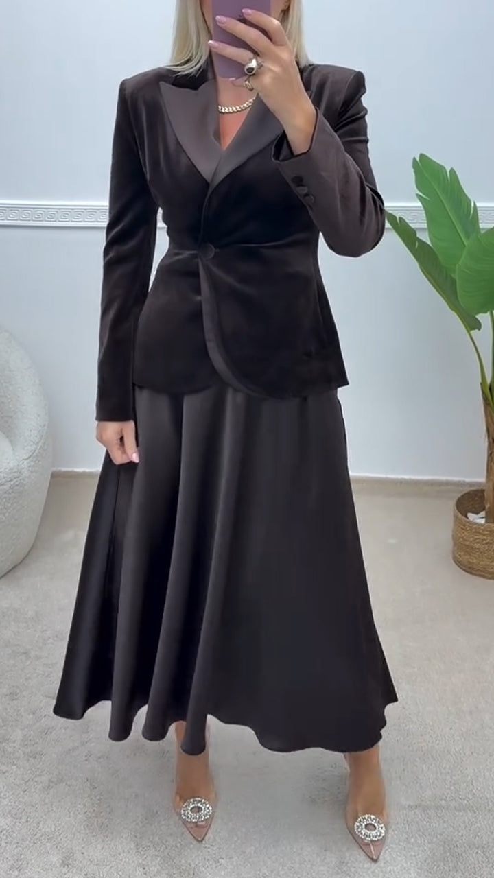 Women Collar Jacket+ Skirt Velvet Temperament Commuting Set