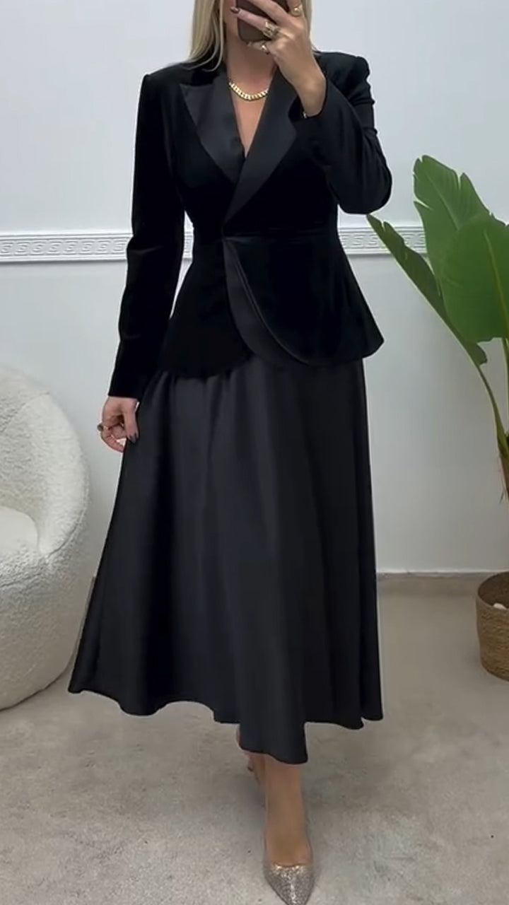 Women Collar Jacket+ Skirt Velvet Temperament Commuting Set