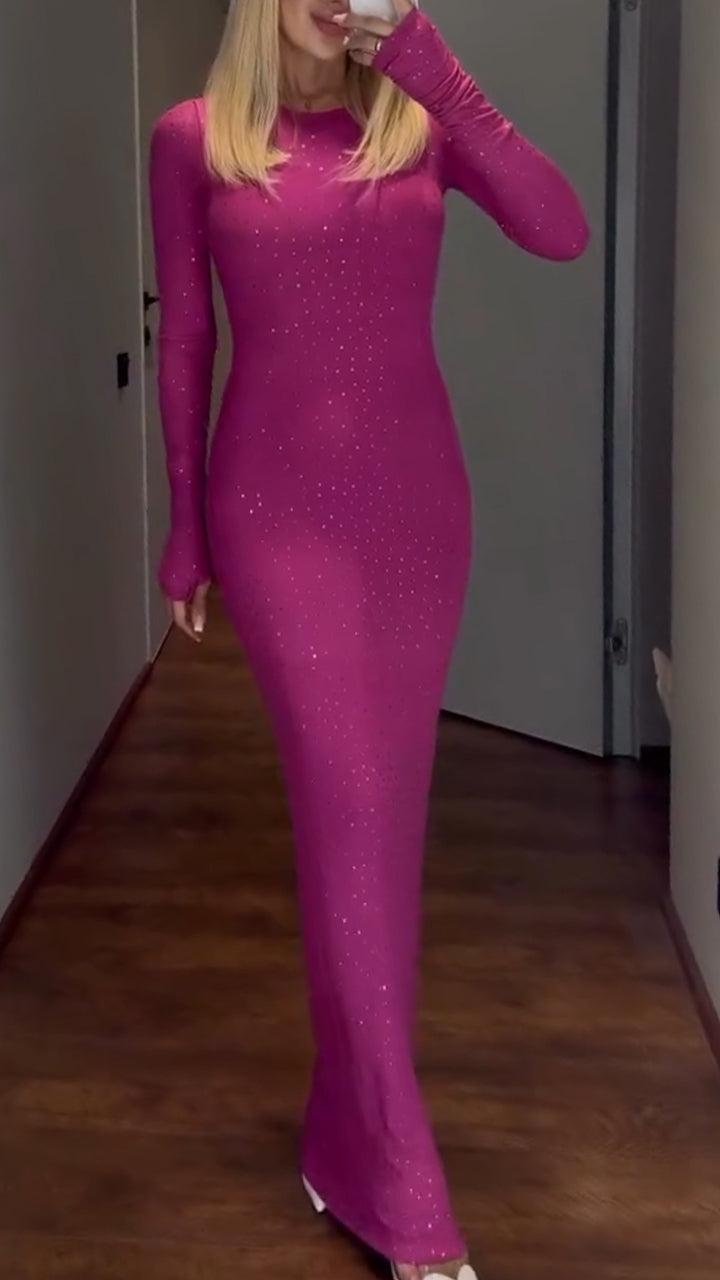 Women Round Neck Rhinestone Solid Color Slim Casual Dress