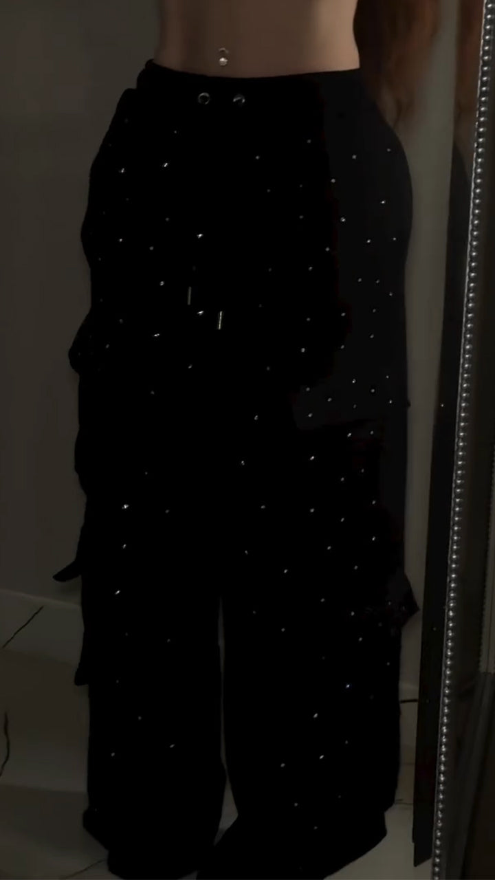 Women Drawstring Patchwork Pocket Rhinestone Casual Pants