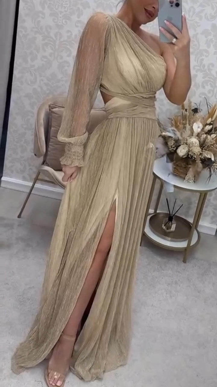 Women Slanted Collar Waist Cinched Slit and Elegant Temperament Evening Party Dress