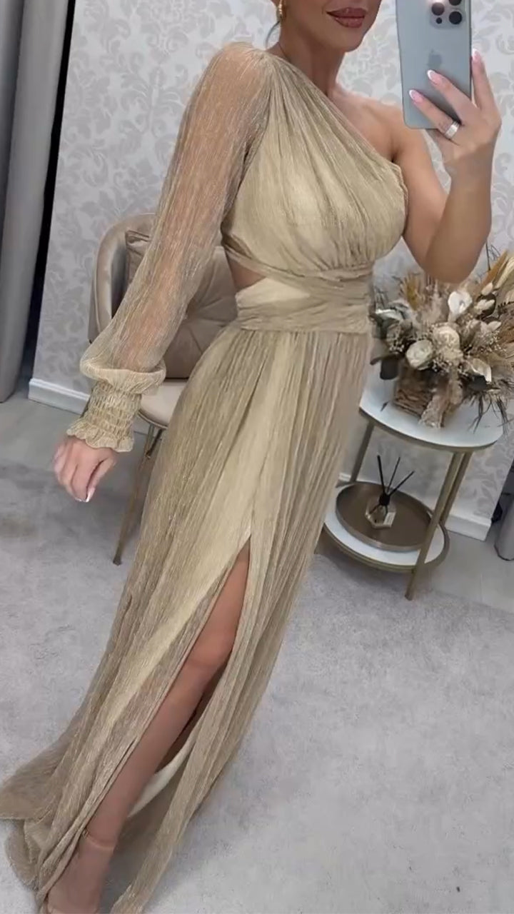 Women Slanted Collar Waist Cinched Slit and Elegant Temperament Evening Party Dress