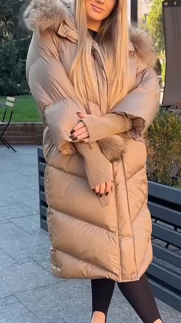 Women Hooded Plush Patchwork Knitted Sleeves Casual Long Cotton Jacket