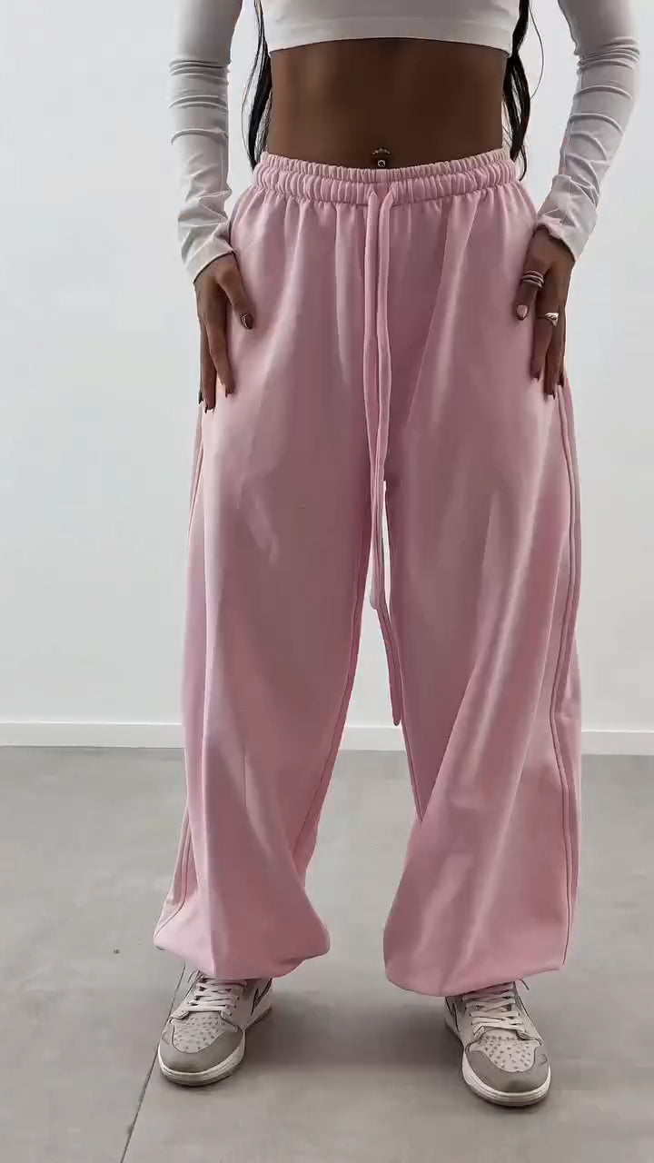 Women Drawstring Solid Color Sports Casual Wide Leg Pants