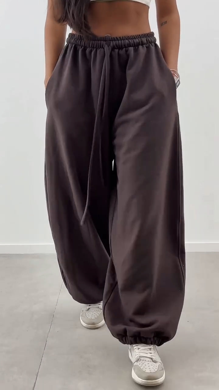 Women Drawstring Solid Color Sports Casual Wide Leg Pants