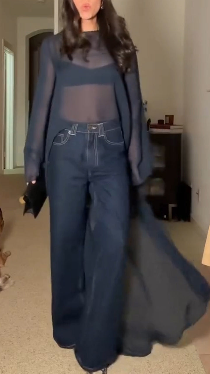 Women Round Neck Solid Color Transparent Irregular Long Top