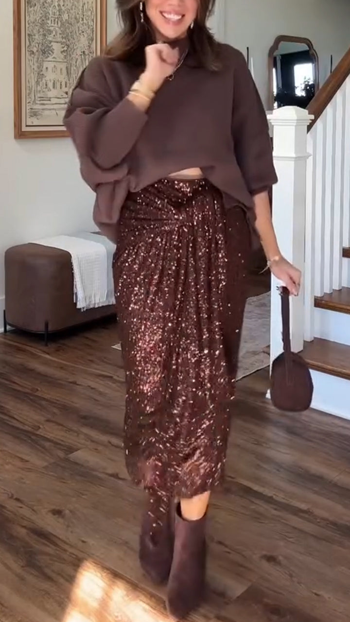 Women Round Neck Knitted Sweater+ Sequined Skirt Elegant Casual Set