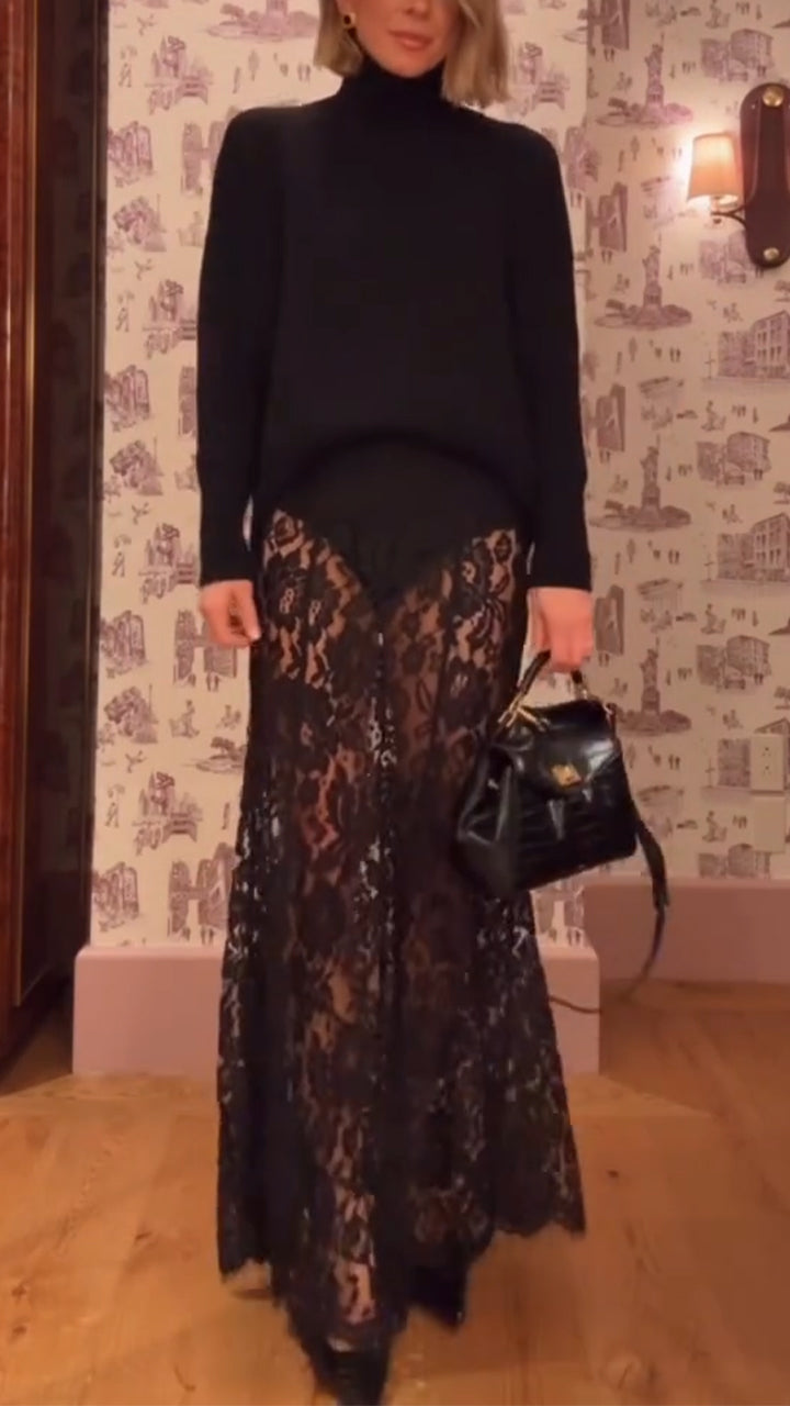 Women High Neck Sweater and Printed Hollow Skirt+ Plush Coat Casual Set