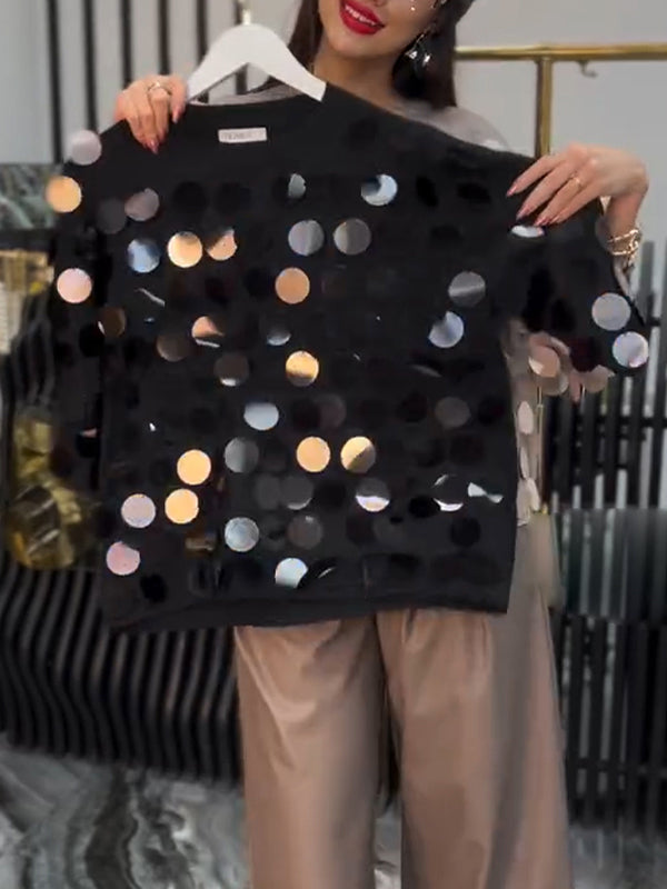 Women Round Neck Sequined Decorative Casual Top