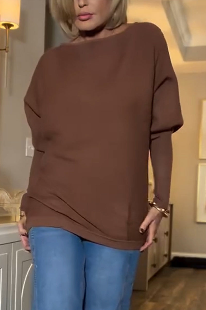 Women Round Neck Solid Color Casual Top