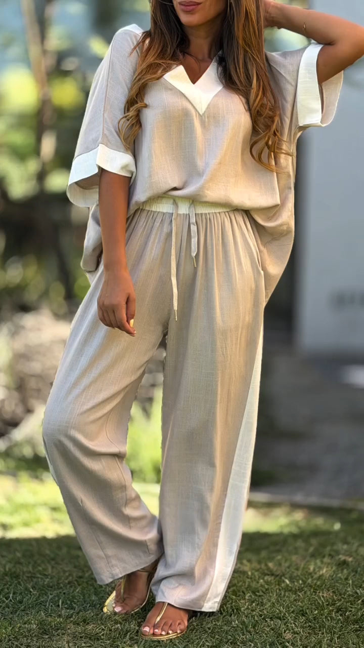 Women V-neck Top+ Drawstring Pants Loose Casual Suit
