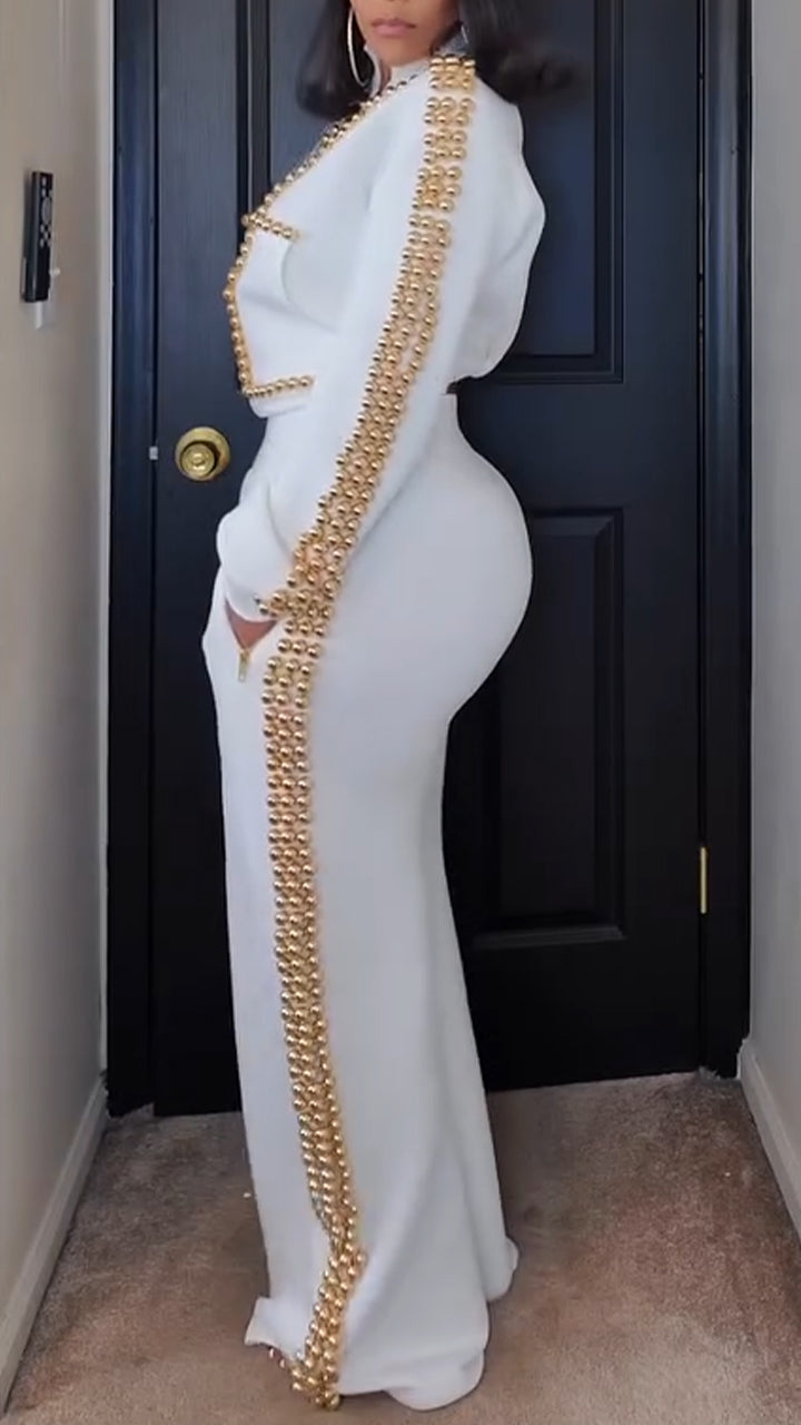 Women High Neck Round Bead Decorative Jacket+ Pants Temperament Casual Suit