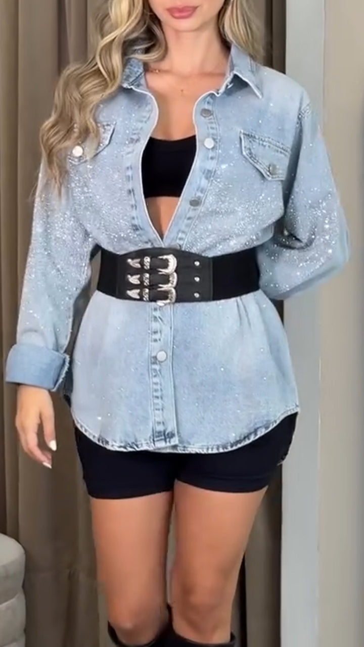 Women Flip Collar Breasted Casual Denim Jacket