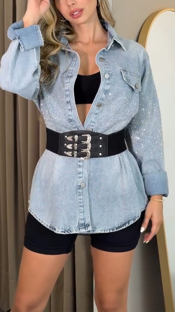 Women Flip Collar Breasted Casual Denim Jacket