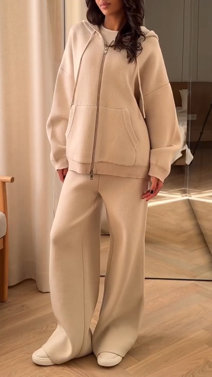 Women Hooded Drawstring Jacket+ Pants Casual Set