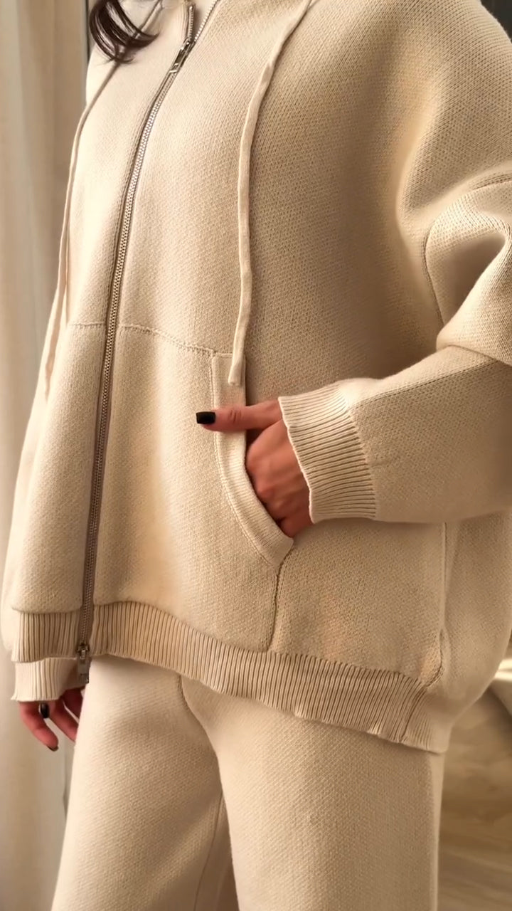 Women Hooded Drawstring Jacket+ Pants Casual Set