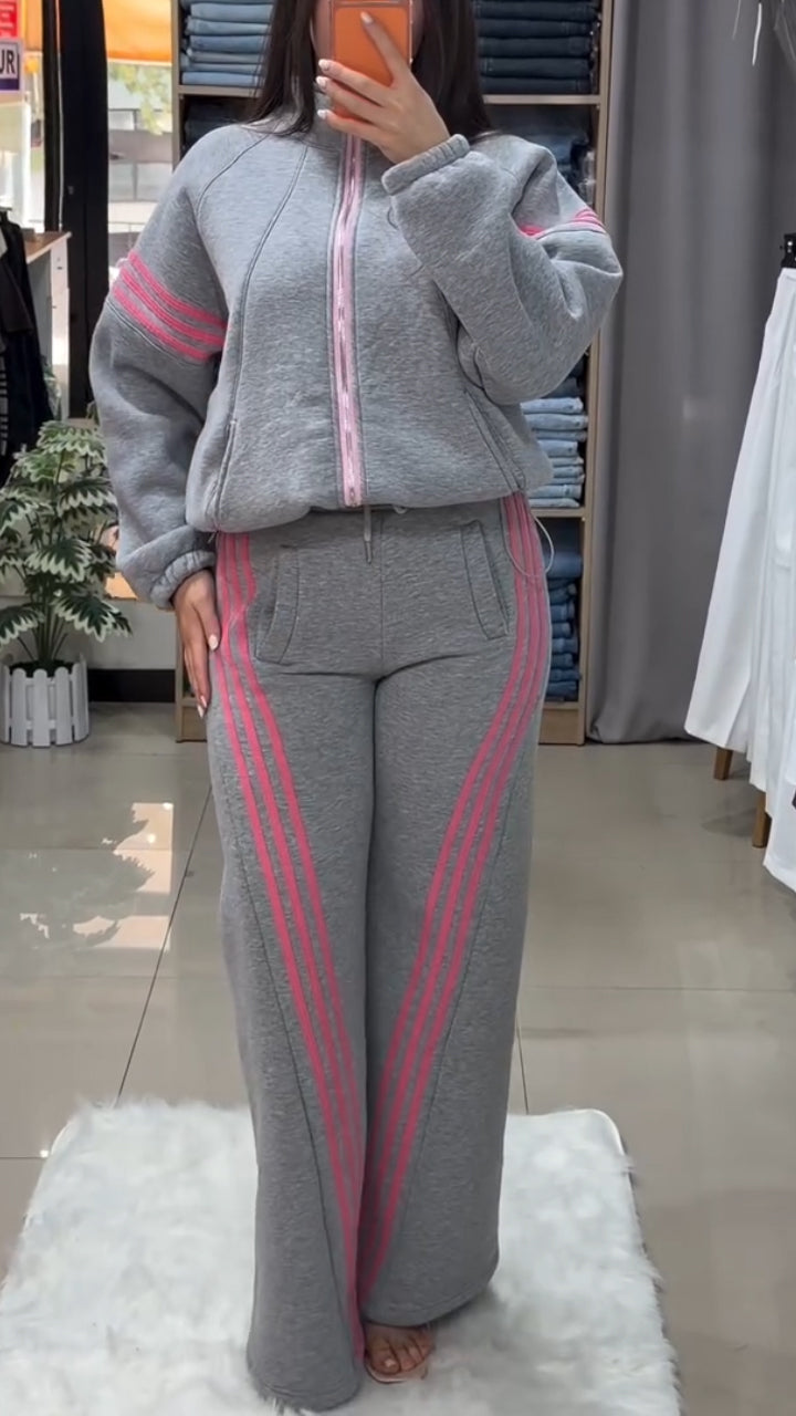 Women Round Neck Striped Jacket+ Pants Casual Suit