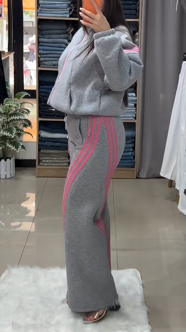 Women Round Neck Striped Jacket+ Pants Casual Suit