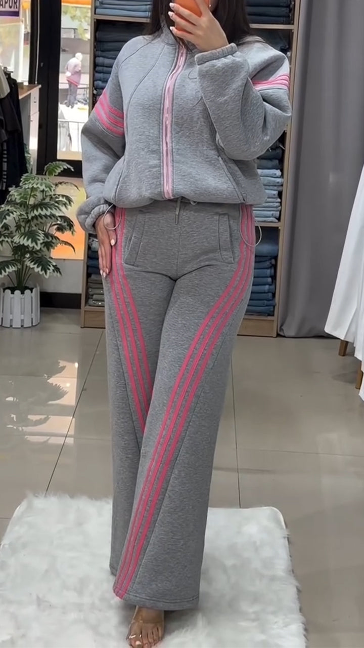 Women Round Neck Striped Jacket+ Pants Casual Suit